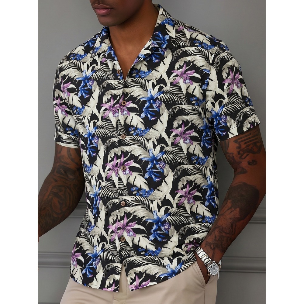 Tommy Bahama Button Up Men M Black Floral Silk Excellent Short Sleeve Hawaiian